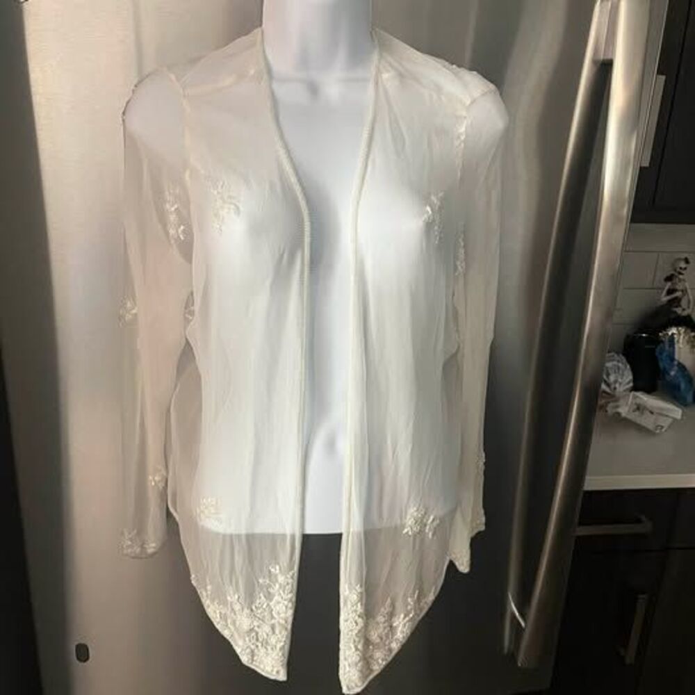 Ivory Sheer Open Front Cardigan Cottagecore Ethereal Embellish M
